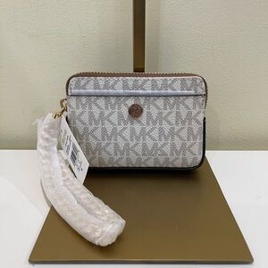 Michael Kors Cream and Brown Logo Wristlet